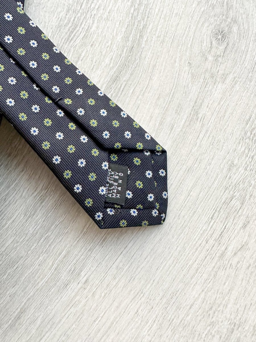 E Marinella Black Silk Tie Green white Floral Print - Imagen 7
