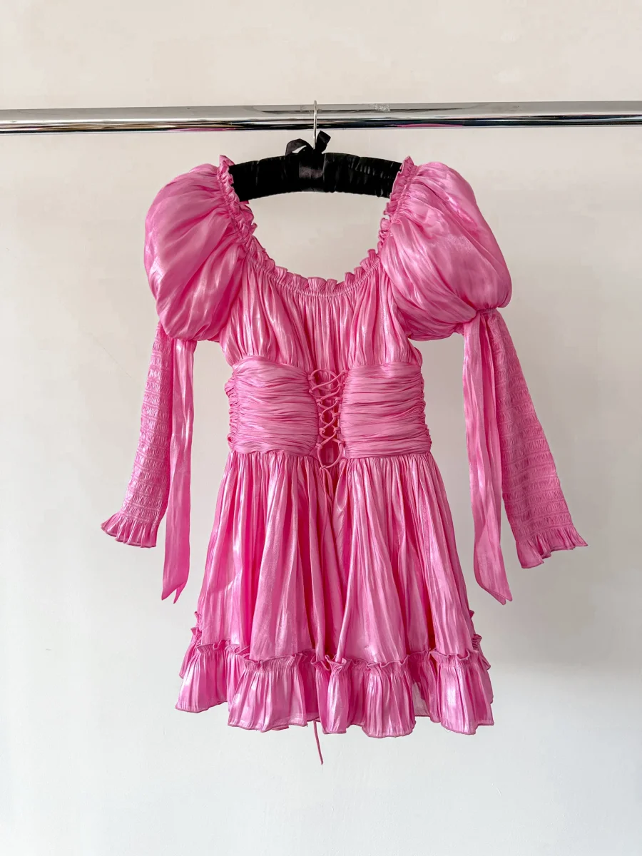 Amy Jane London Esmerelda Hot Pink Puff Sleeve Bow Detail Fitted Laced Bodice Prairie Mini Dress - Imagen 3