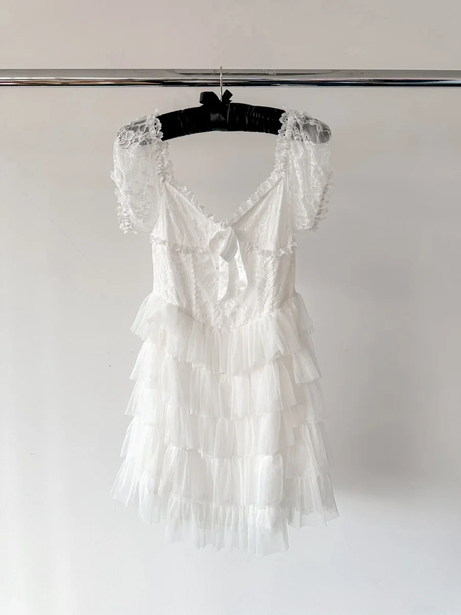 Amy Jane London White Sofia Lace Coquette Corset Style Ballerina Tulle Hem Mini Dress - Imagen 4