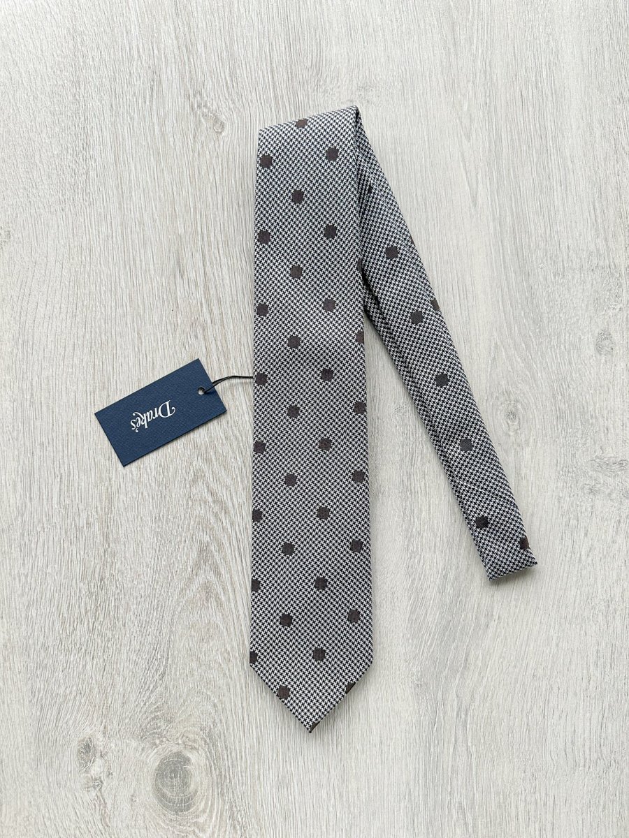 Drake's Grey Dogtooth Brown Dot Woven Tie - Imagen 2