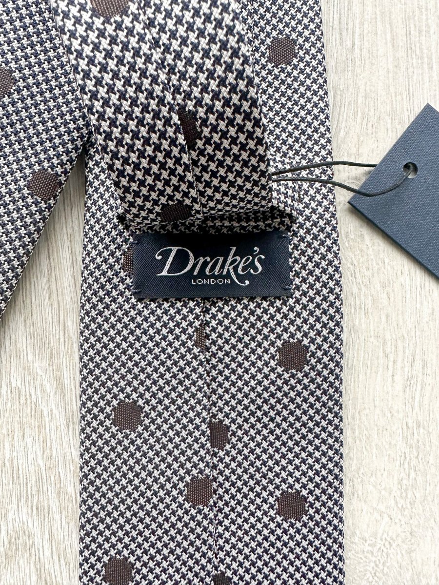 Drake's Grey Dogtooth Brown Dot Woven Tie - Imagen 6