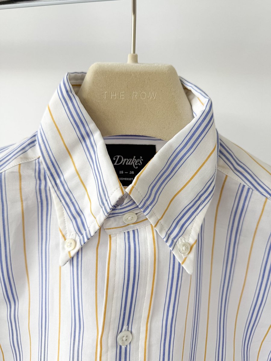 Drake's White Blue Striped Cotton Ramie Shirt - Imagen 4