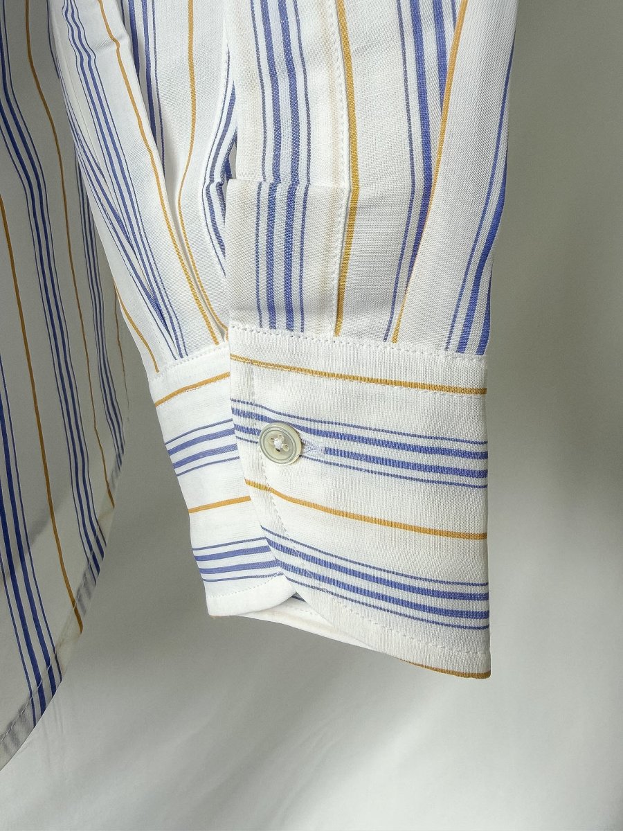Drake's White Blue Striped Cotton Ramie Shirt - Imagen 6
