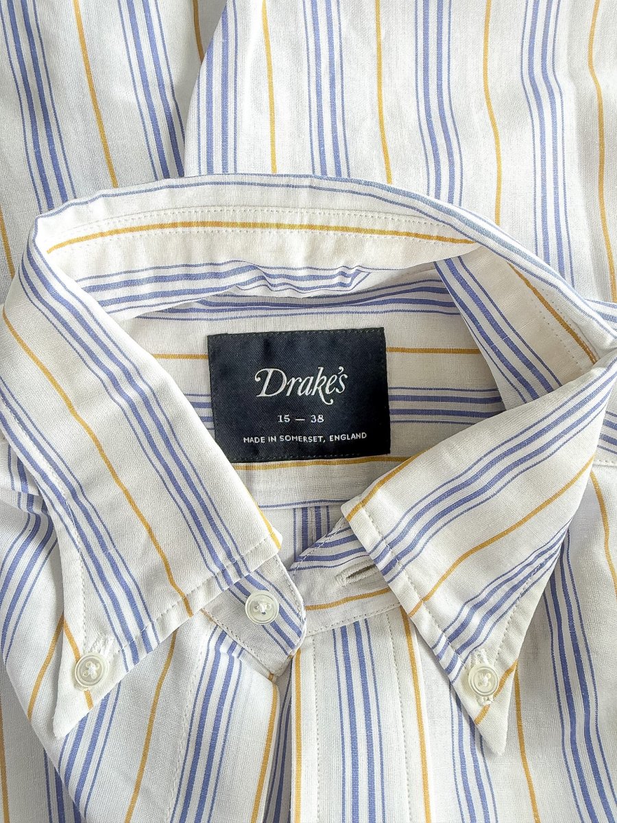 Drake's White Blue Striped Cotton Ramie Shirt - Imagen 7