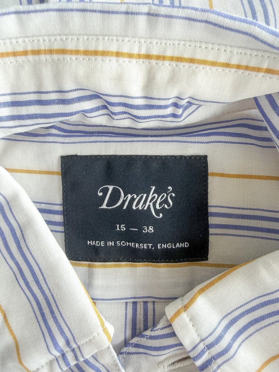 Drake's White Blue Striped Cotton Ramie Shirt - Imagen 8