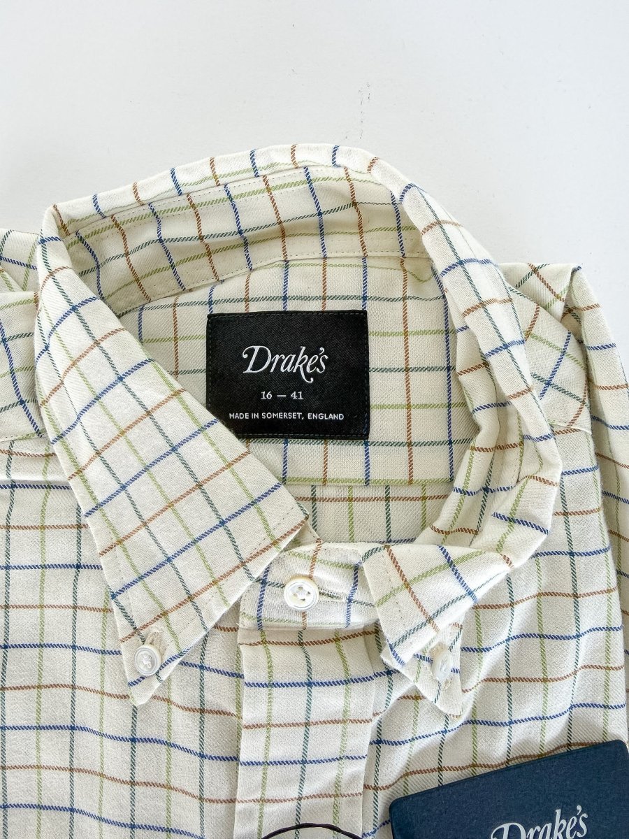 Drake's Brushed Cotton Ecru Check Country Shirt - Imagen 4