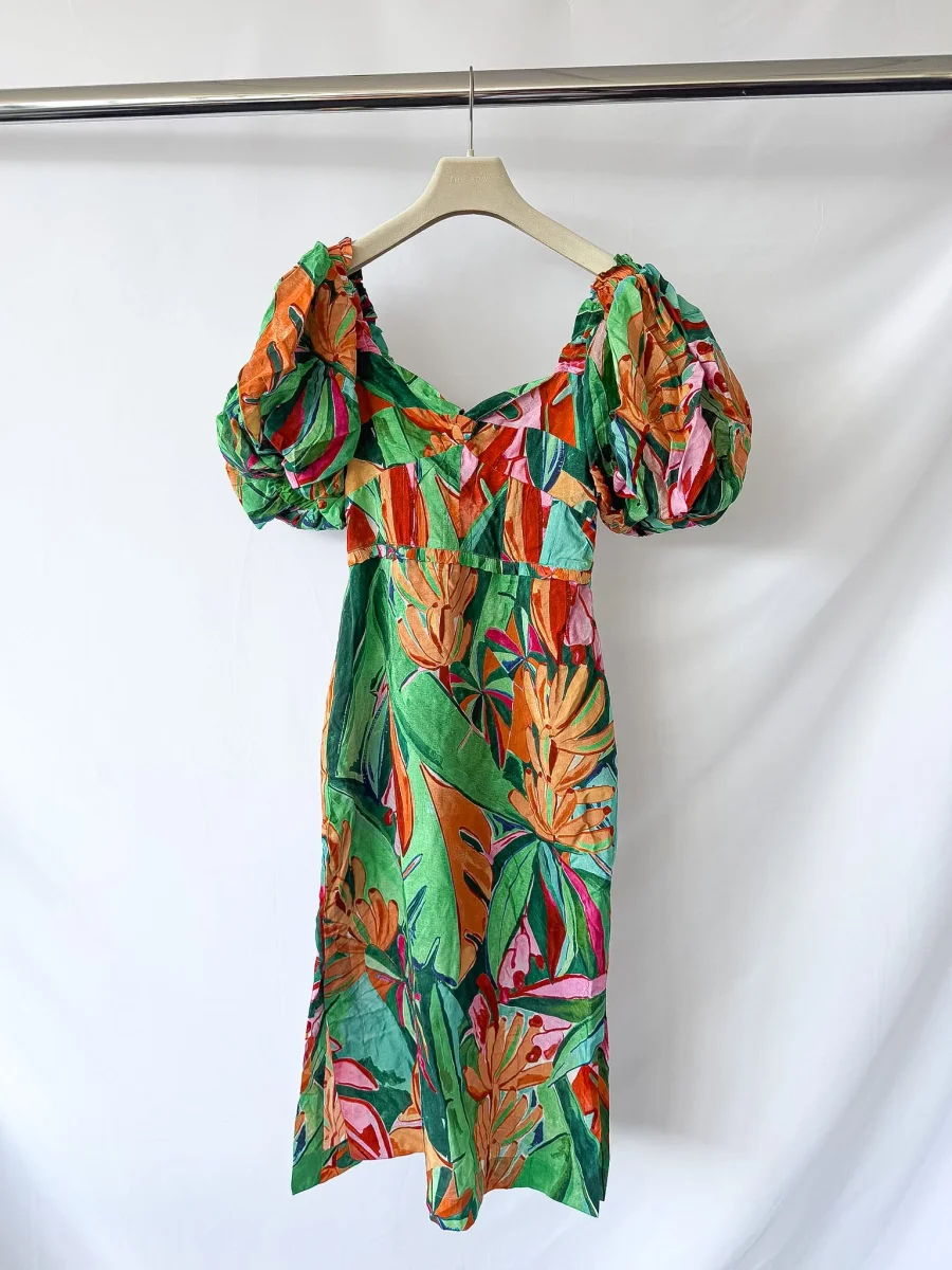 Farm Rio Banana Foliage Puff Sleeve Floral Print Dress - Imagen 5