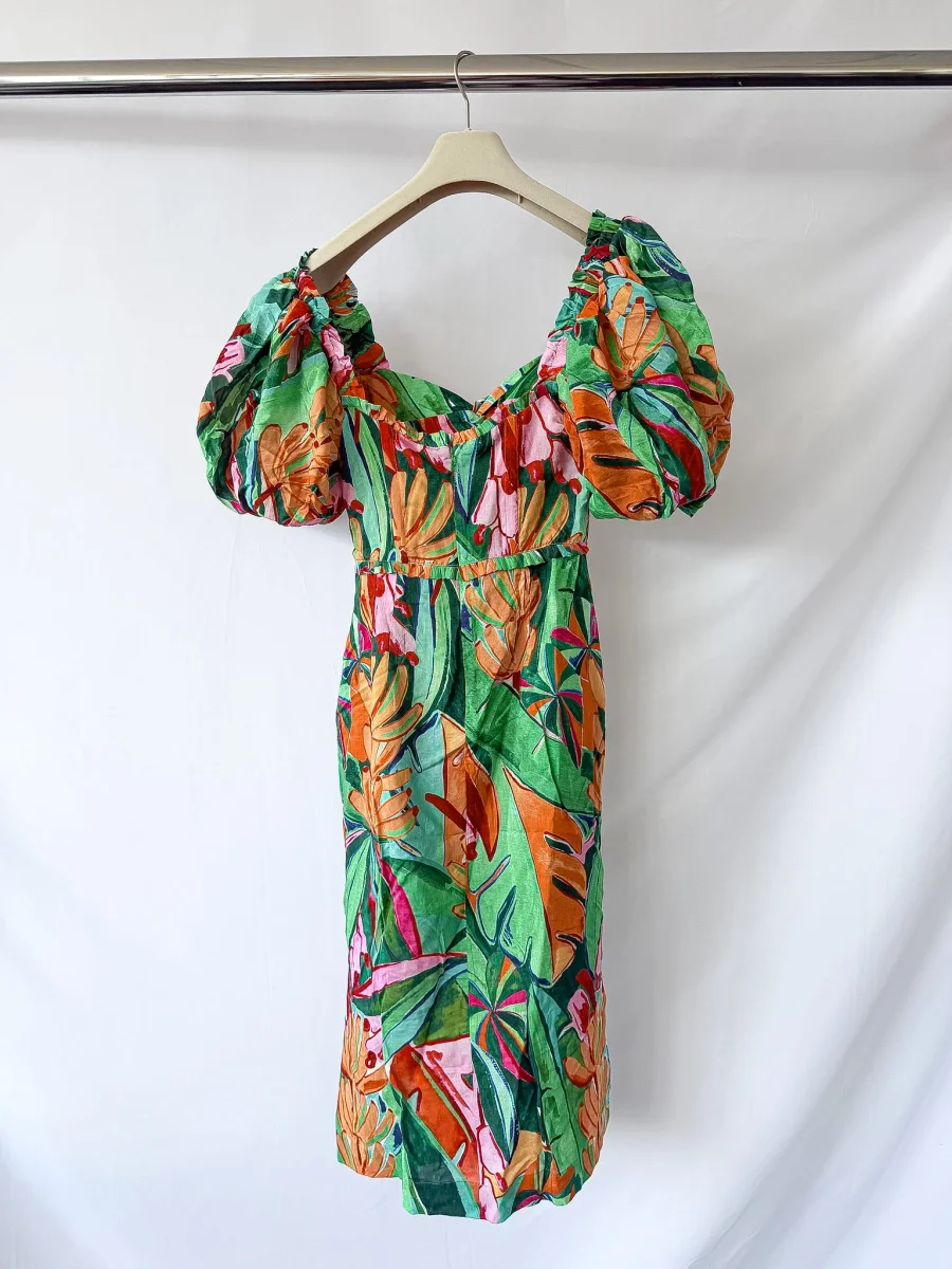 Farm Rio Banana Foliage Puff Sleeve Floral Print Dress - Imagen 7