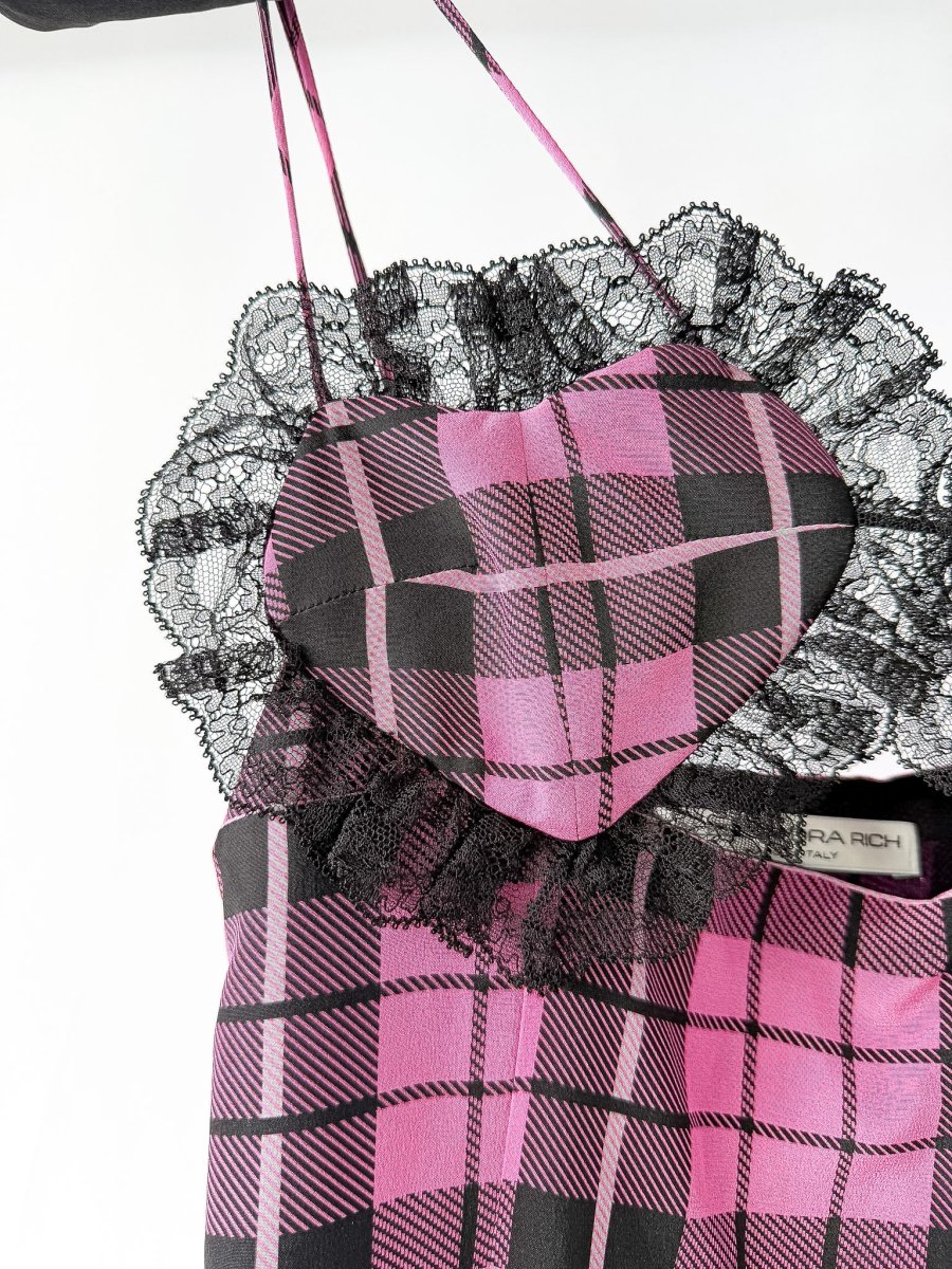 Alessandra Rich Pink Tartan Heart Detail Lace Trim Silk Mini Dress - Imagen 7