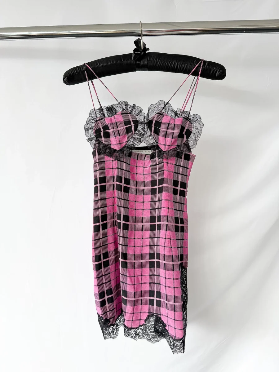 Alessandra Rich Pink Tartan Heart Detail Lace Trim Silk Mini Dress - Imagen 5