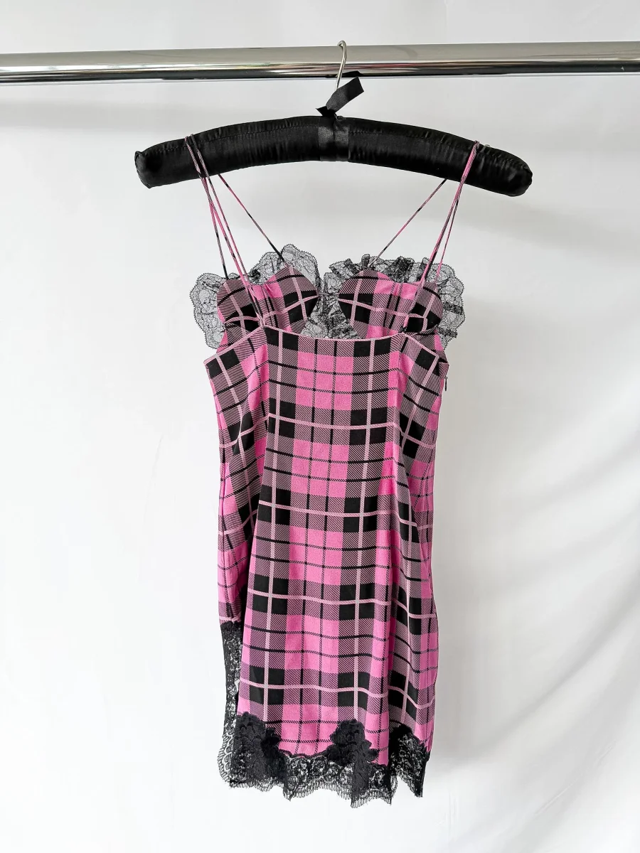 Alessandra Rich Pink Tartan Heart Detail Lace Trim Silk Mini Dress - Imagen 8