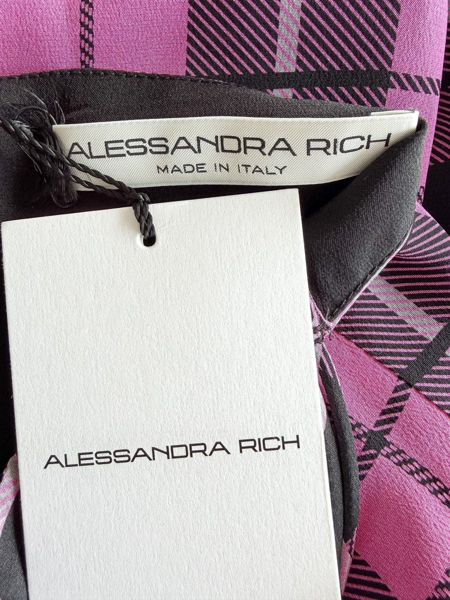 Alessandra Rich Pink Tartan Heart Detail Lace Trim Silk Mini Dress - Imagen 6