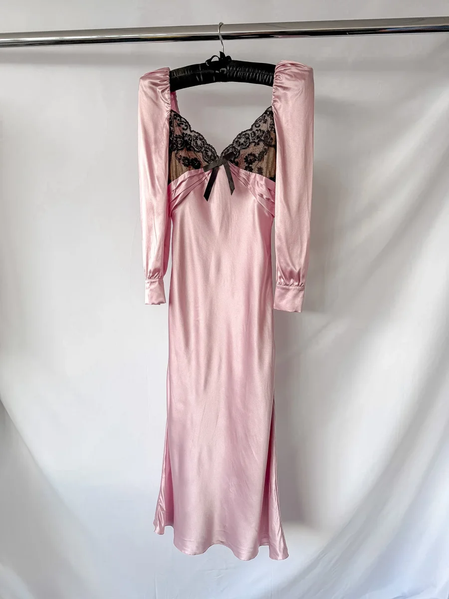 Alessandra Rich Pink Lace Trimmed Silk Satin Midi Dress - Imagen 4
