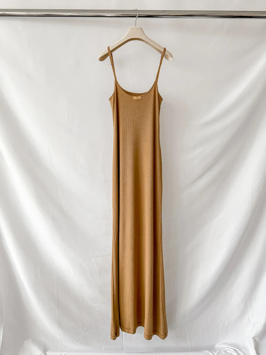 Skims Soft Lounge Ribbed Stretch Modal Slip Camel Brown Dress - Imagen 6