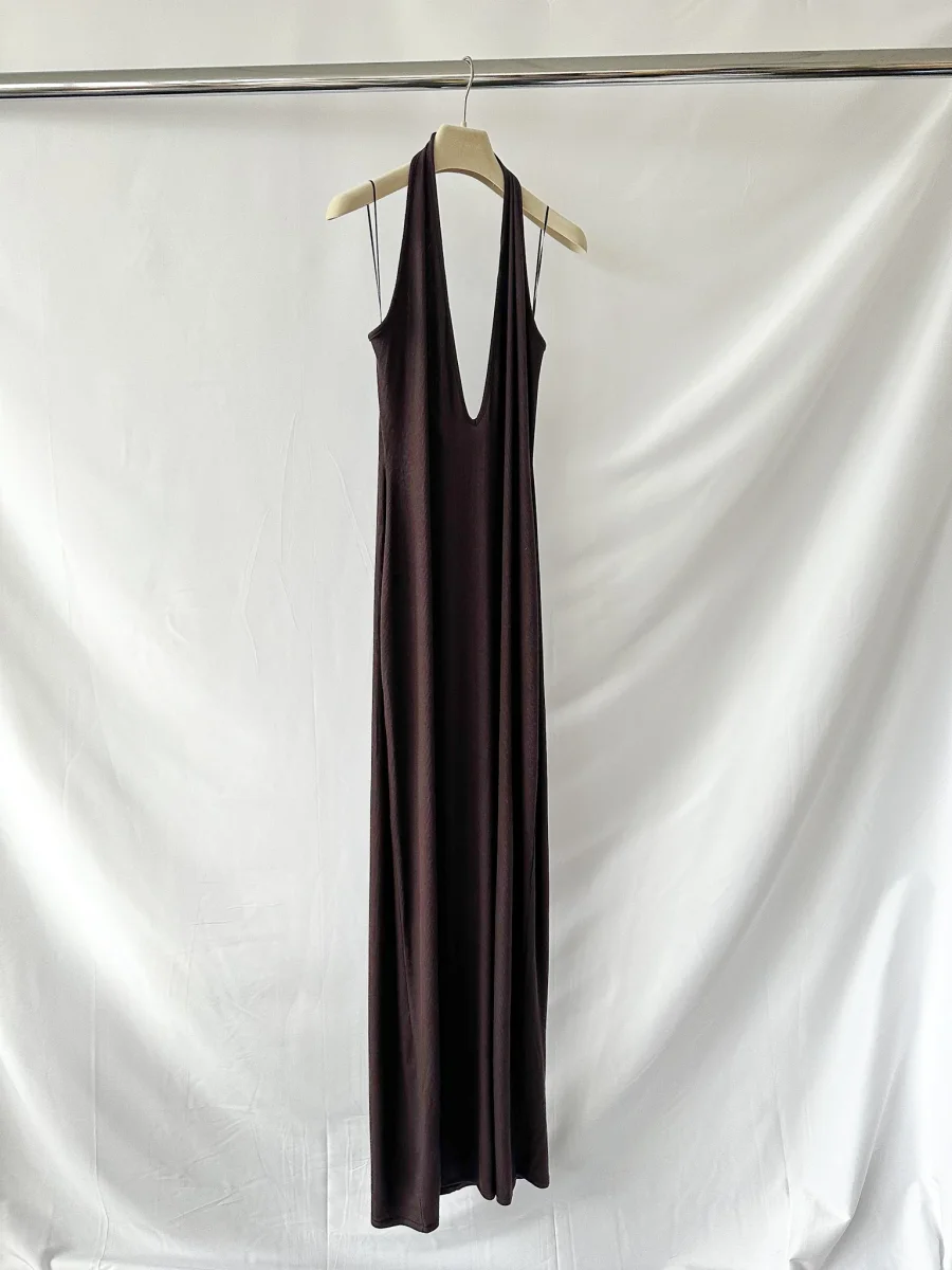 Skims Brown Ribbed Knit Stretch Woven Halterneck Maxi Dress - Imagen 6