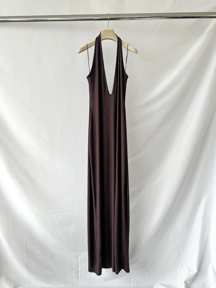 Skims Brown Ribbed Knit Stretch Woven Halterneck Maxi Dress - Imagen 9