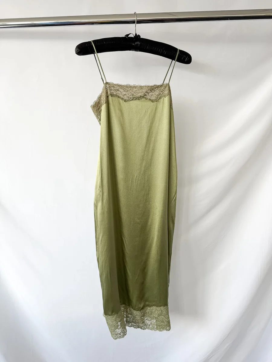 Reformation Green Mackenzie Lace Trim Silk Slip Midi Dress - Imagen 7