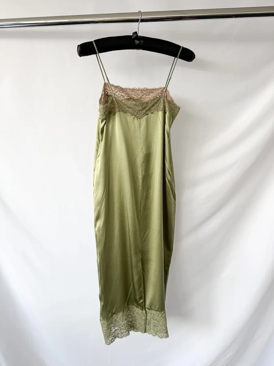 Reformation Green Mackenzie Lace Trim Silk Slip Midi Dress - Imagen 9