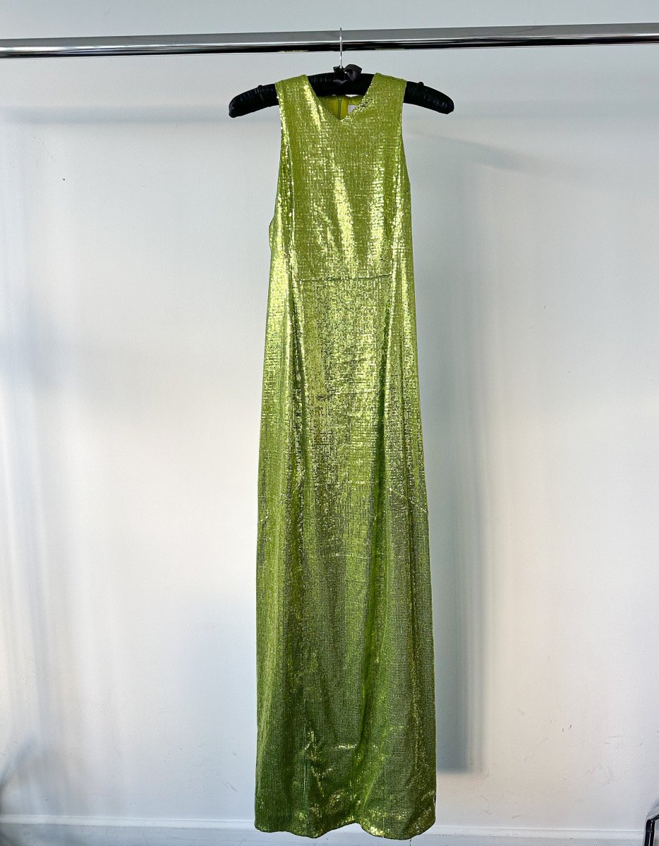 GALVAN Green Sequinned Sparkly High Shine Reflection Long Dress - Imagen 7