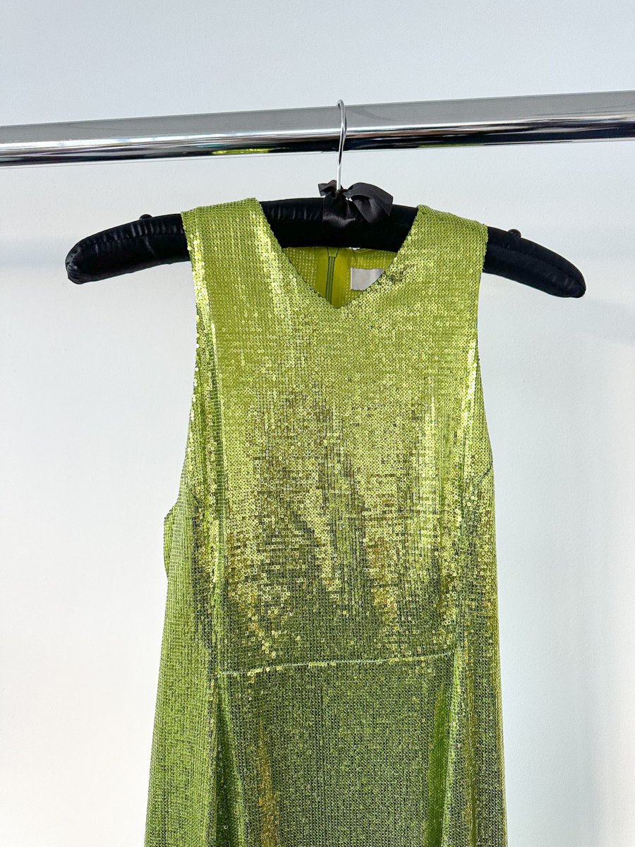 GALVAN Green Sequinned Sparkly High Shine Reflection Long Dress - Imagen 8