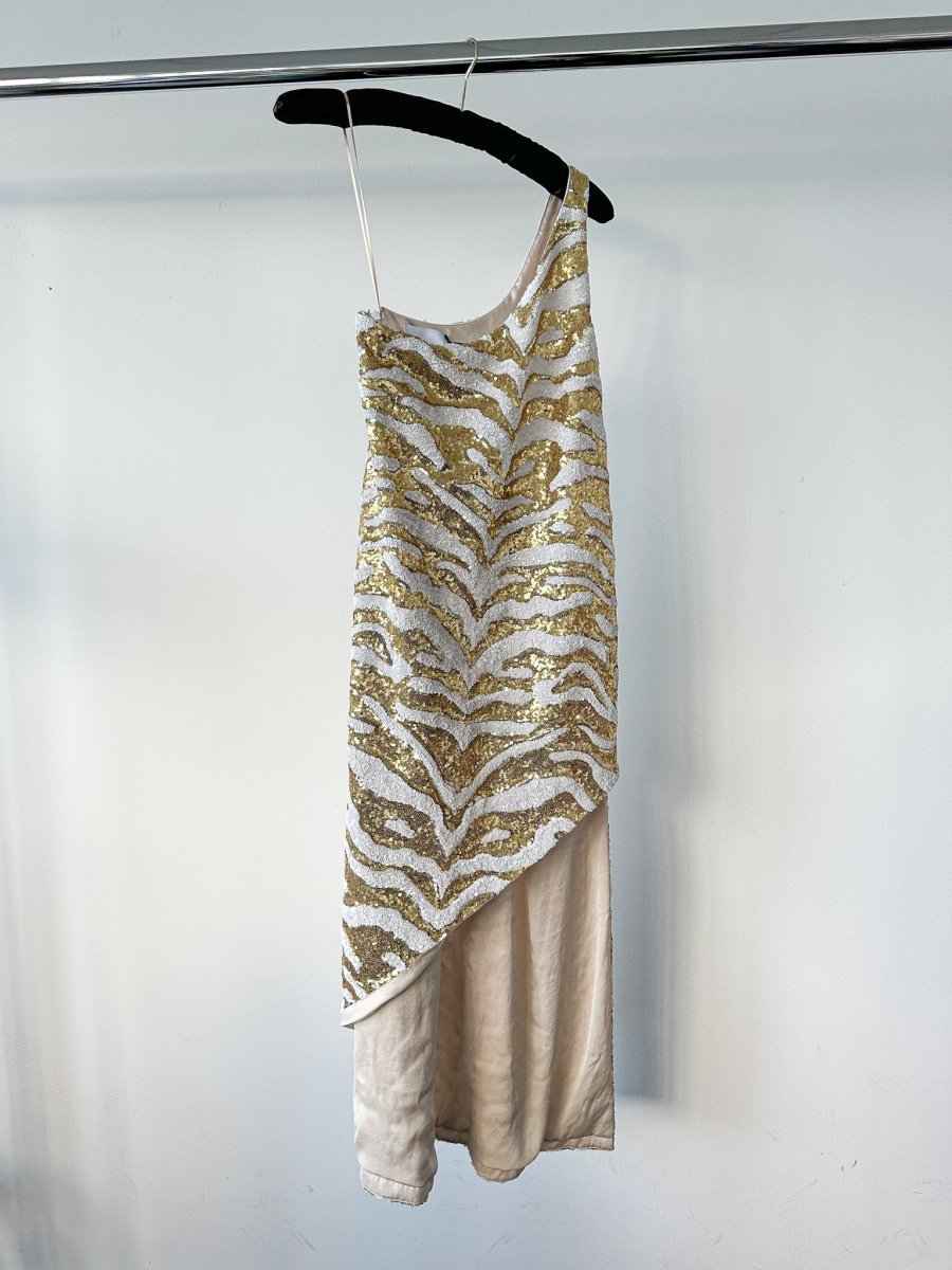 Halpern Tiger Gold White Full Sequinned One Shoulder 70s Disco Party Midi Dress - Imagen 5