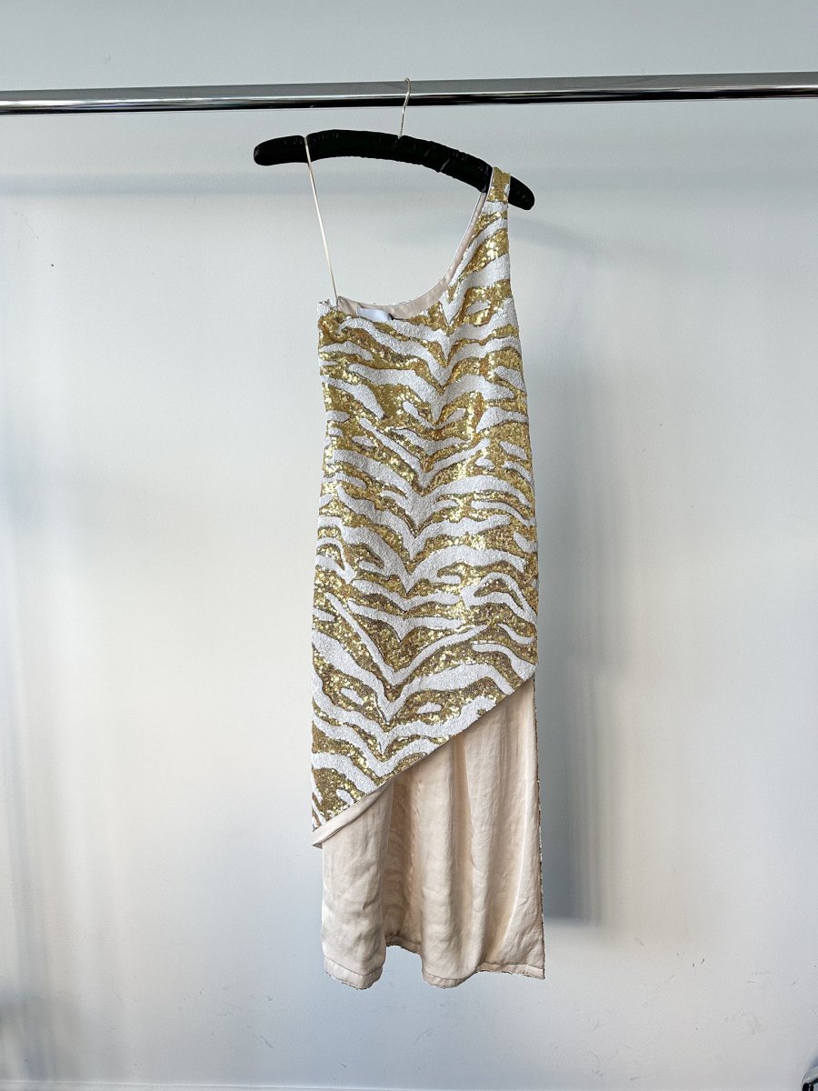 Halpern Tiger Gold White Full Sequinned One Shoulder 70s Disco Party Midi Dress - Imagen 6
