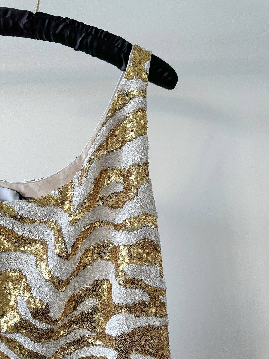 Halpern Tiger Gold White Full Sequinned One Shoulder 70s Disco Party Midi Dress - Imagen 7