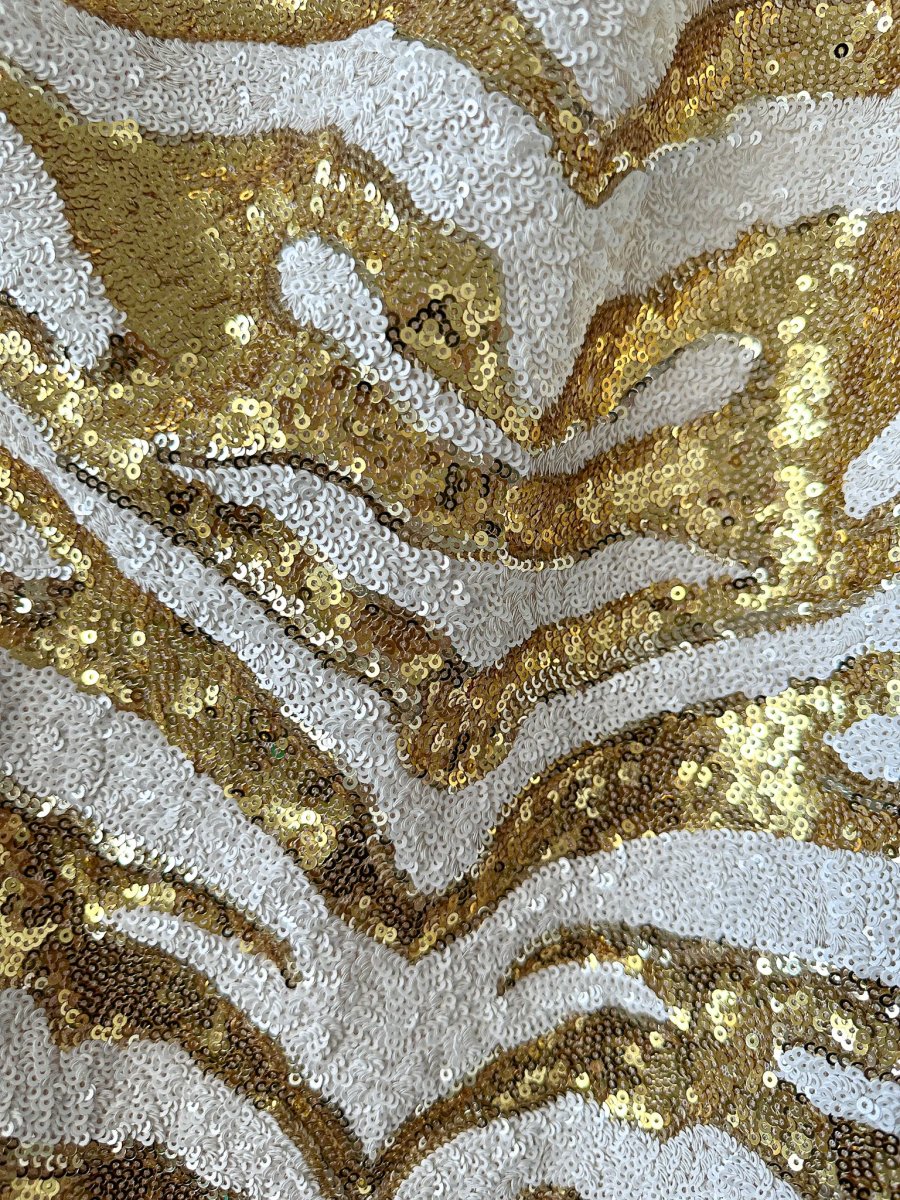 Halpern Tiger Gold White Full Sequinned One Shoulder 70s Disco Party Midi Dress - Imagen 8