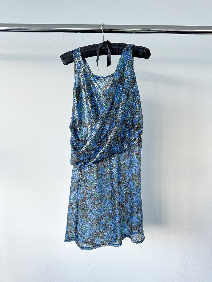 Atlein Blue Sequinned Floral Dress - Imagen 6