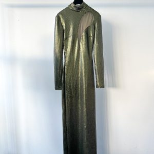 David Koma Green Sequinned Long Sleeve High Neck Mesh Detail Gown Dress Matches Fashion Exclusive