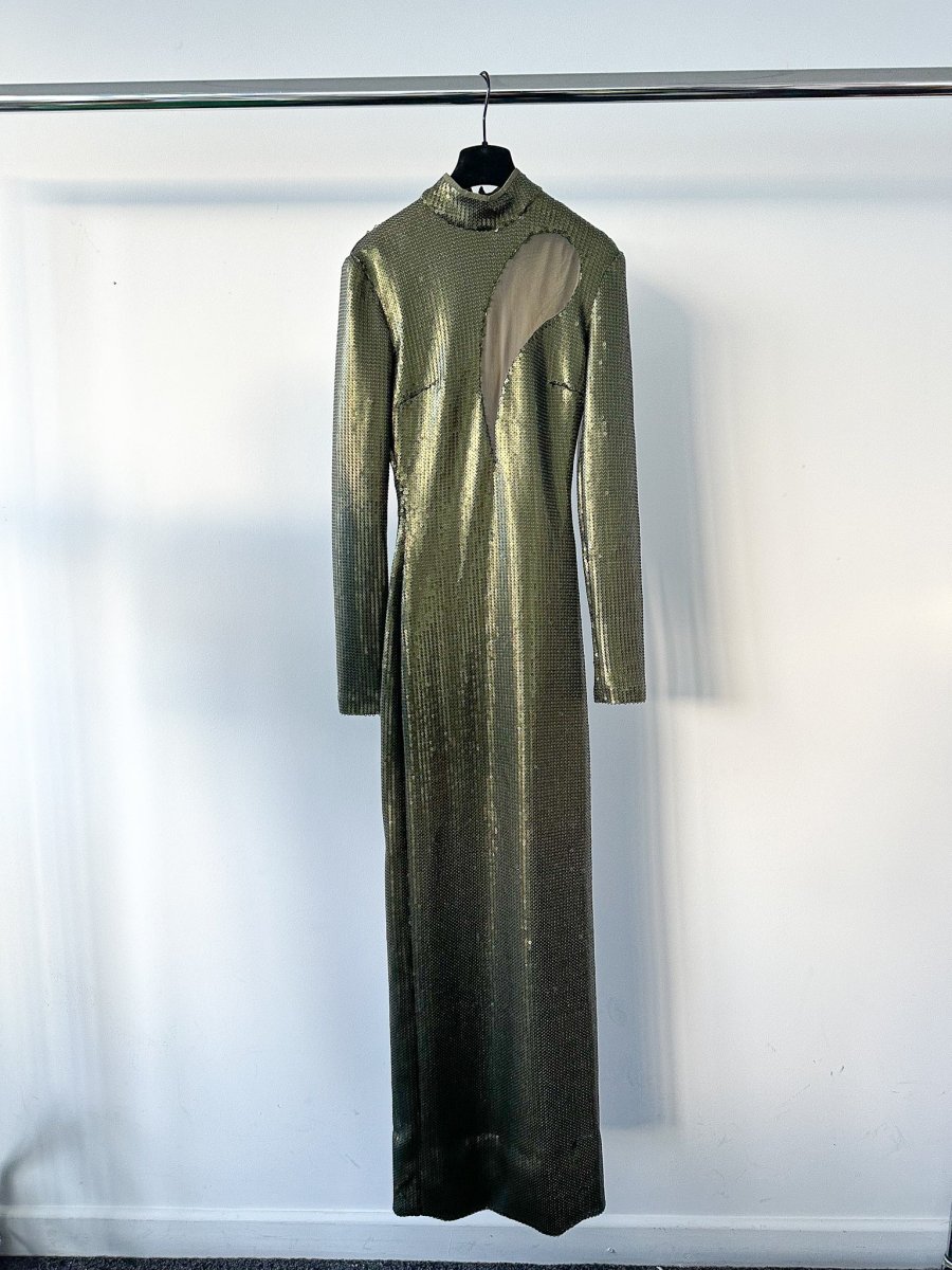 David Koma Green Sequinned Long Sleeve High Neck Mesh Detail Gown Dress Matches Fashion Exclusive - Imagen 2