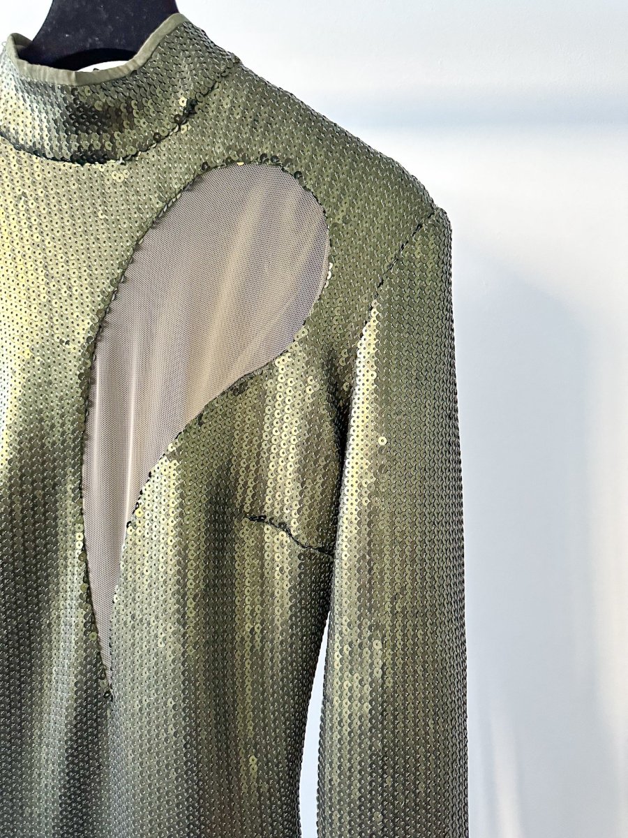 David Koma Green Sequinned Long Sleeve High Neck Mesh Detail Gown Dress Matches Fashion Exclusive - Imagen 3