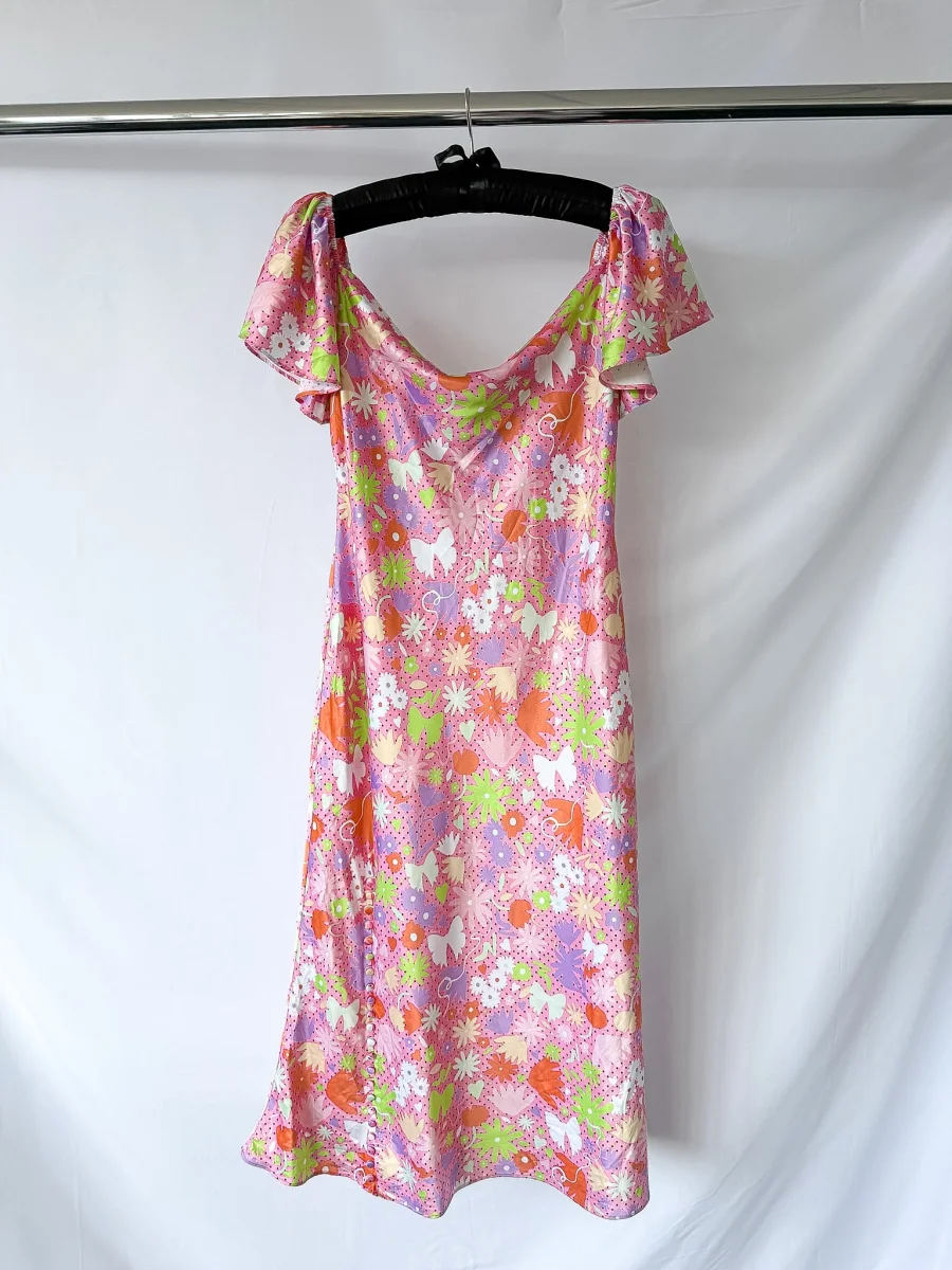 OLIVIA RUBIN Pink Satin Floral Polka Dot Amelia Midi Dress - Imagen 5