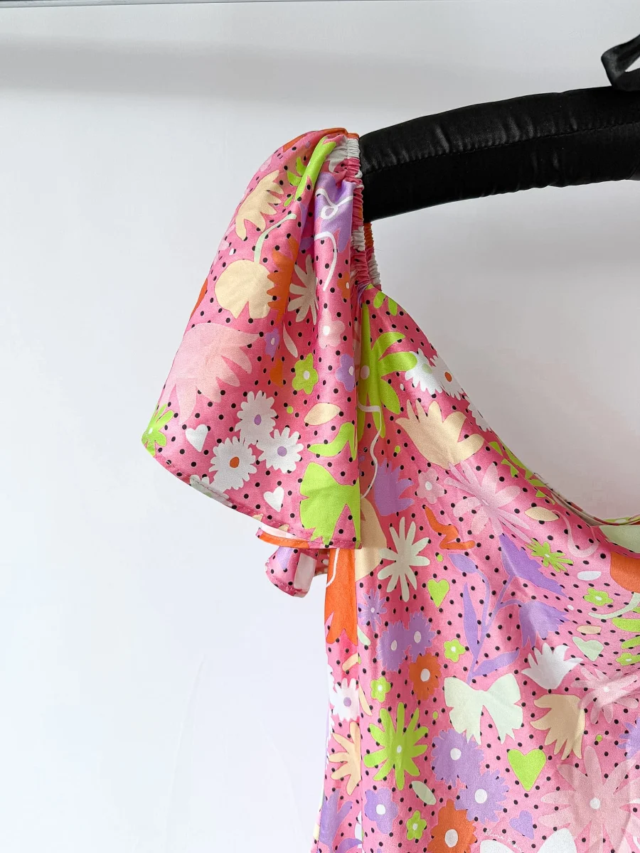 OLIVIA RUBIN Pink Satin Floral Polka Dot Amelia Midi Dress - Imagen 7