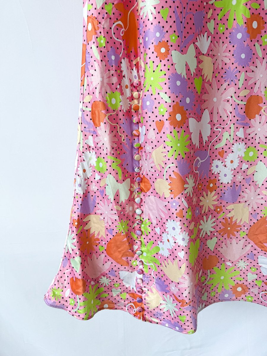 OLIVIA RUBIN Pink Satin Floral Polka Dot Amelia Midi Dress - Imagen 8