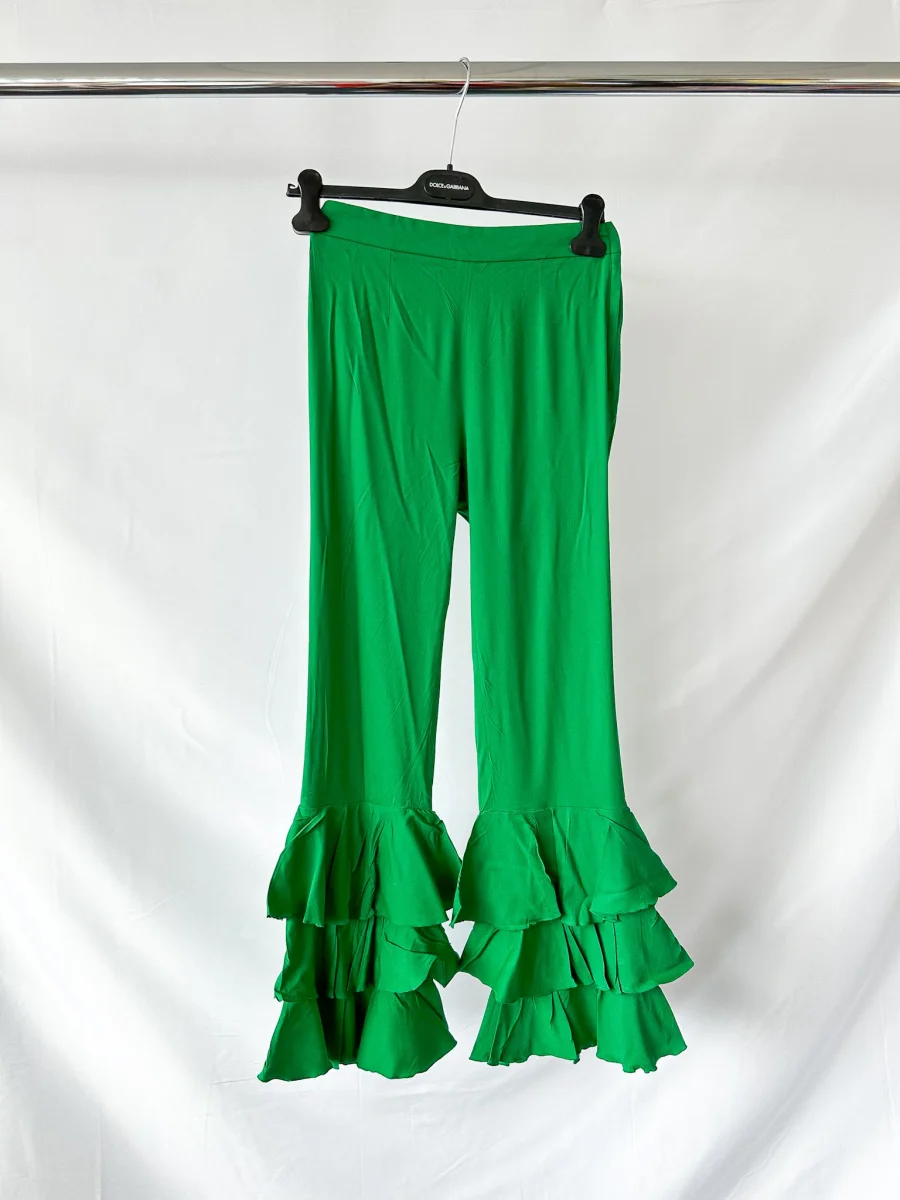 Dolce And Gabbana Green Frilly Flounce Layered Bell Bottom Trousers