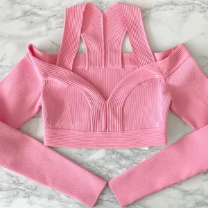 Alexander McQueen Pink Sweetheart Neck Cropped Rib Knit Long Sleeve Top