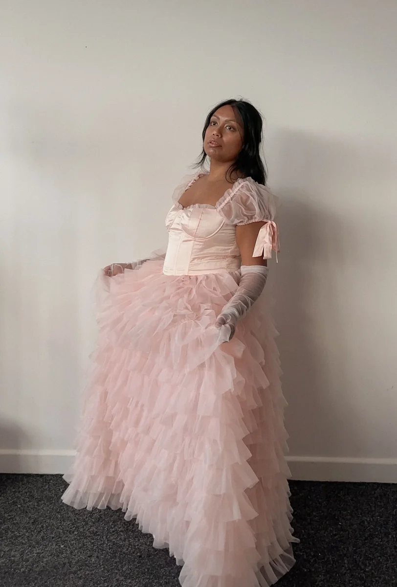 Amy Jane London Pink Kitty Fairytale Satin Corset Bodice Tiered Tulle Hem Maxi Gown Dress - Imagen 4