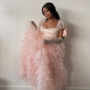 Amy Jane London Pink Kitty Fairytale Satin Corset Bodice Tiered Tulle Hem Maxi Gown Dress