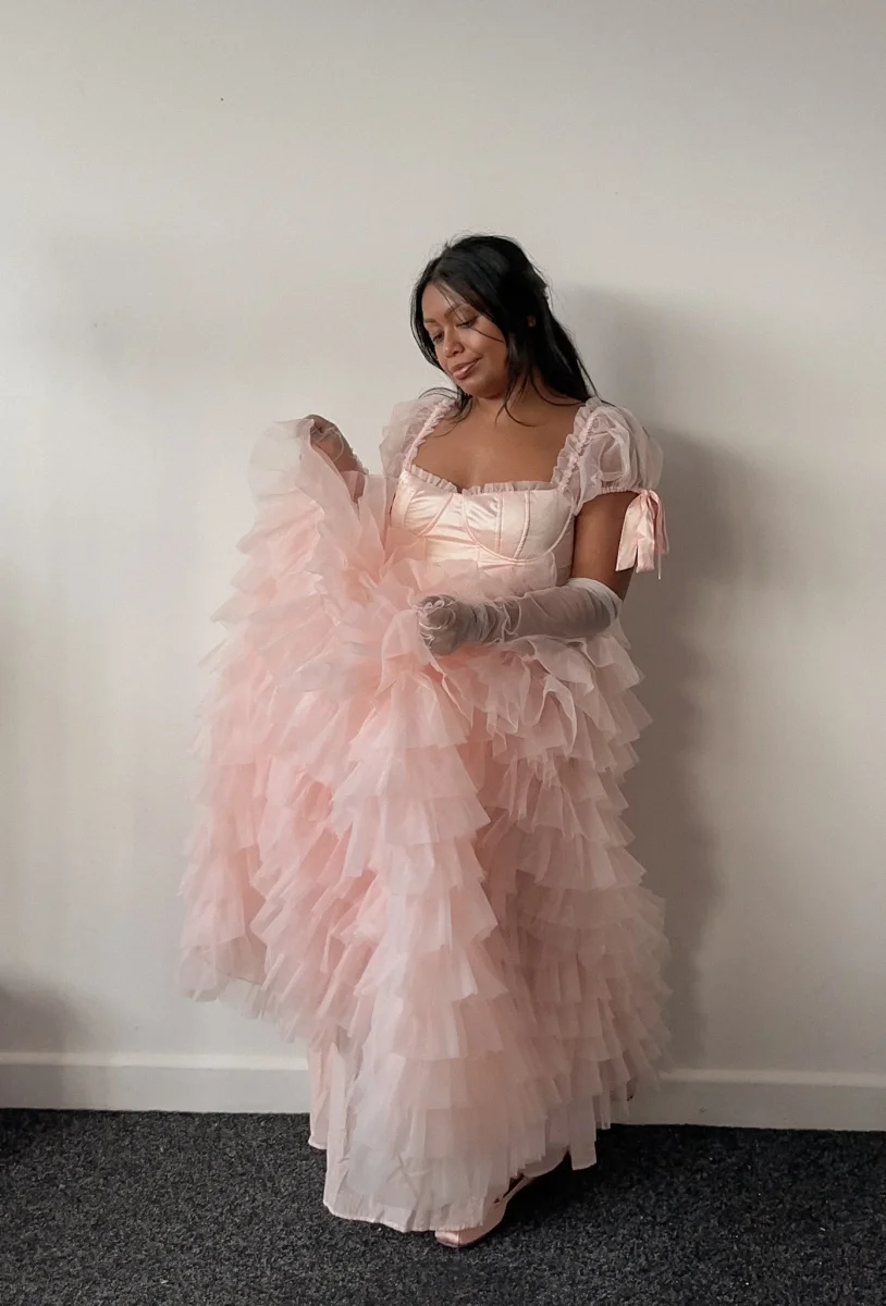 Amy Jane London Pink Kitty Fairytale Satin Corset Bodice Tiered Tulle Hem Maxi Gown Dress - Imagen 2
