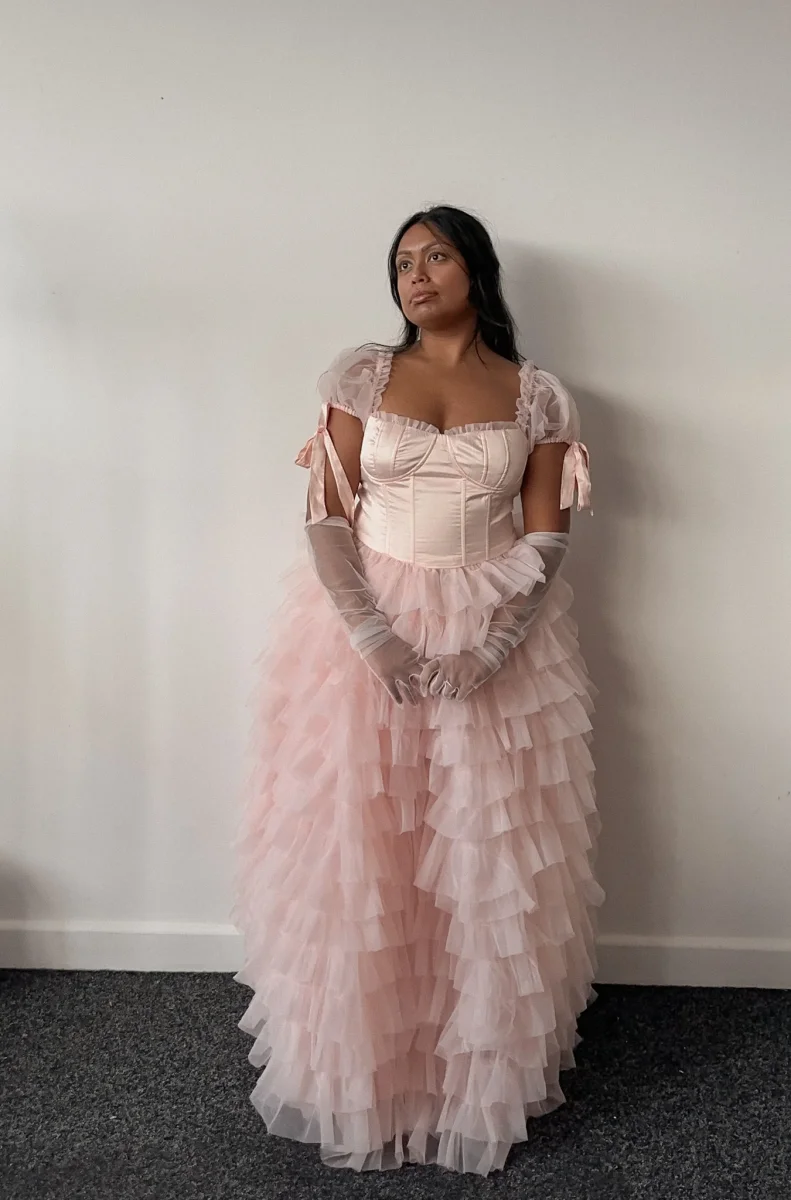 Amy Jane London Pink Kitty Fairytale Satin Corset Bodice Tiered Tulle Hem Maxi Gown Dress - Imagen 3