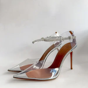 AMINA MUADDI Ursina Crystal Ankle Strap Glass Clear High Heels