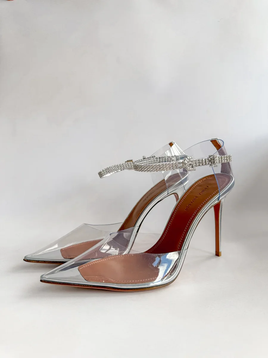 AMINA MUADDI Ursina Crystal Ankle Strap Glass Clear High Heels - Imagen 2