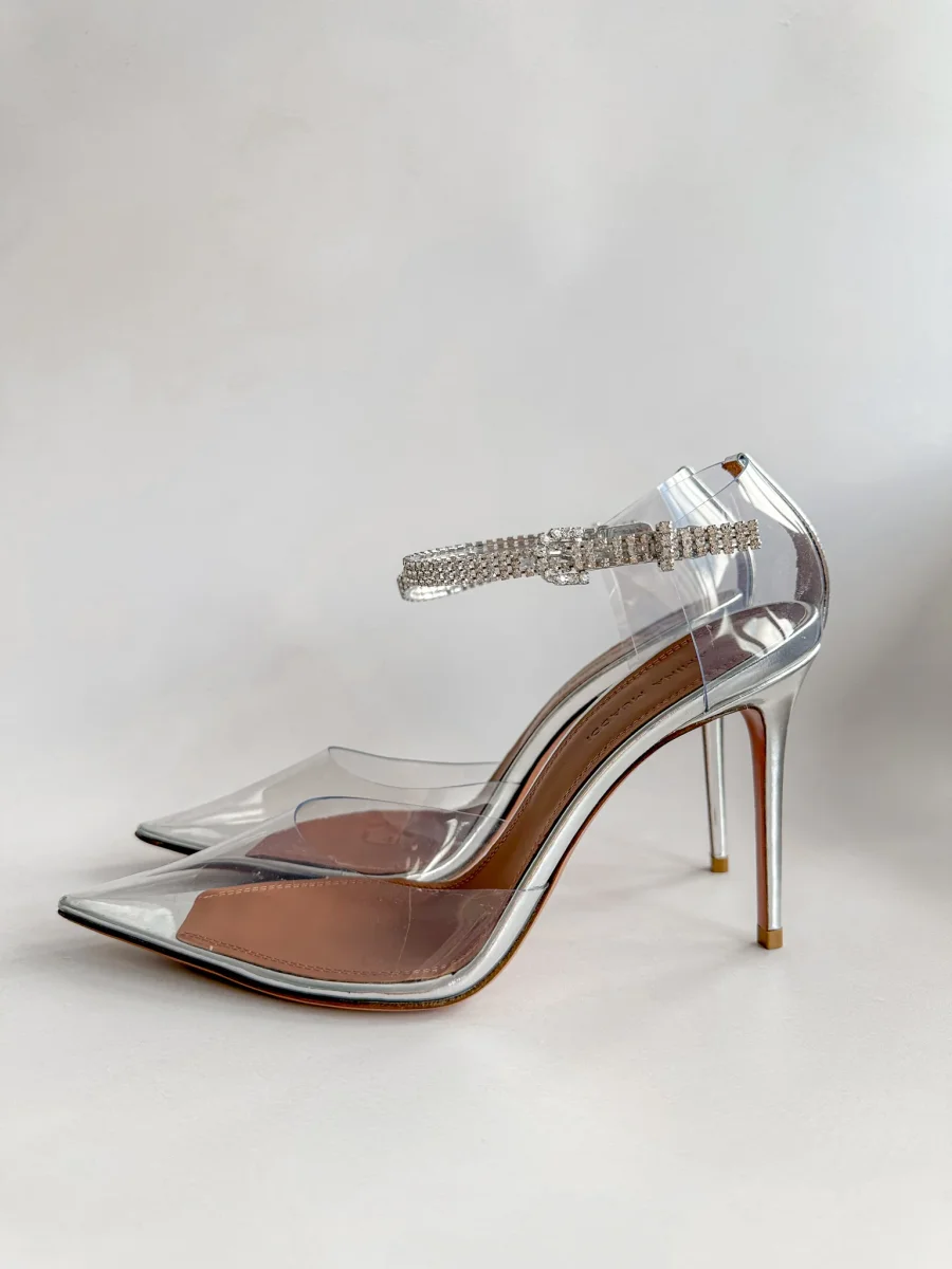 AMINA MUADDI Ursina Crystal Ankle Strap Glass Clear High Heels - Imagen 4