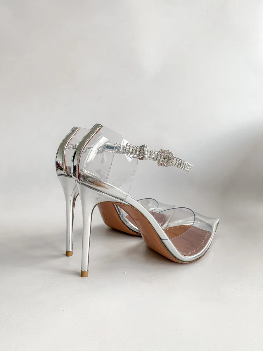 AMINA MUADDI Ursina Crystal Ankle Strap Glass Clear High Heels - Imagen 5