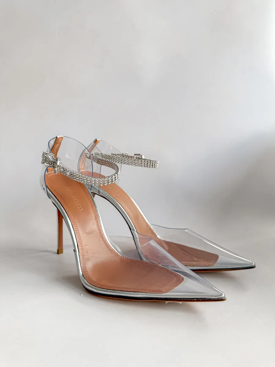 AMINA MUADDI Ursina Crystal Ankle Strap Glass Clear High Heels - Imagen 3