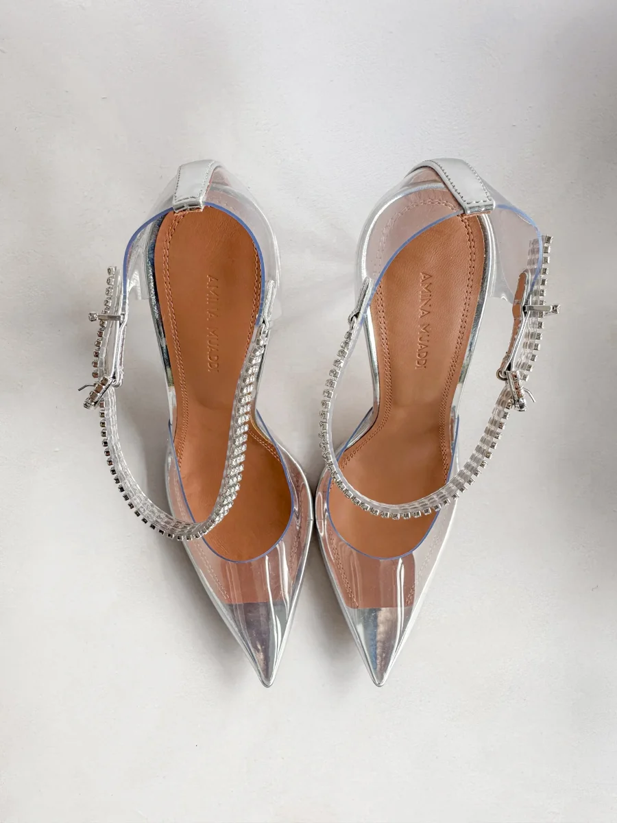 AMINA MUADDI Ursina Crystal Ankle Strap Glass Clear High Heels - Imagen 6