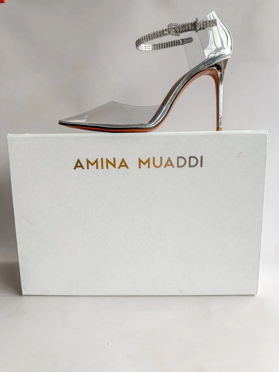 AMINA MUADDI Ursina Crystal Ankle Strap Glass Clear High Heels - Imagen 7