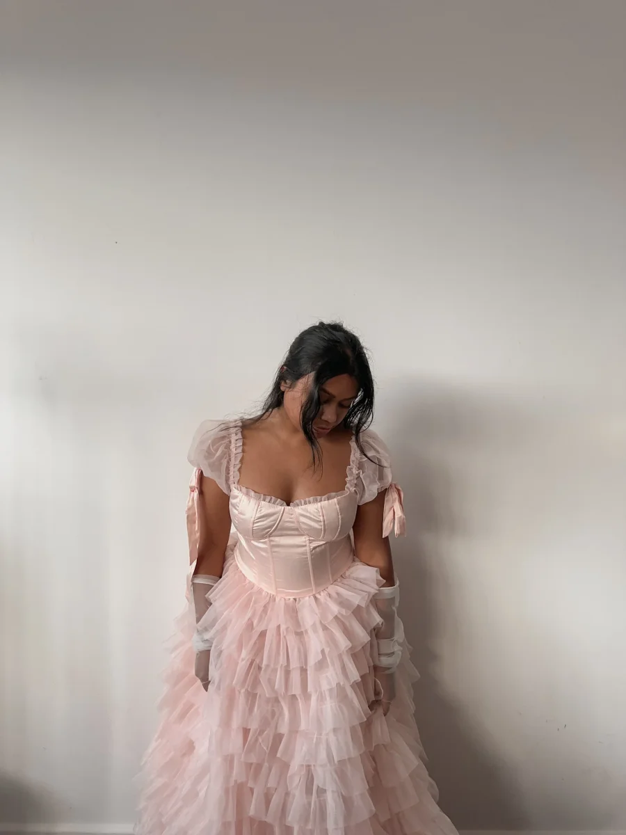 Amy Jane London Pink Kitty Fairytale Satin Corset Bodice Tiered Tulle Hem Maxi Gown Dress - Imagen 5