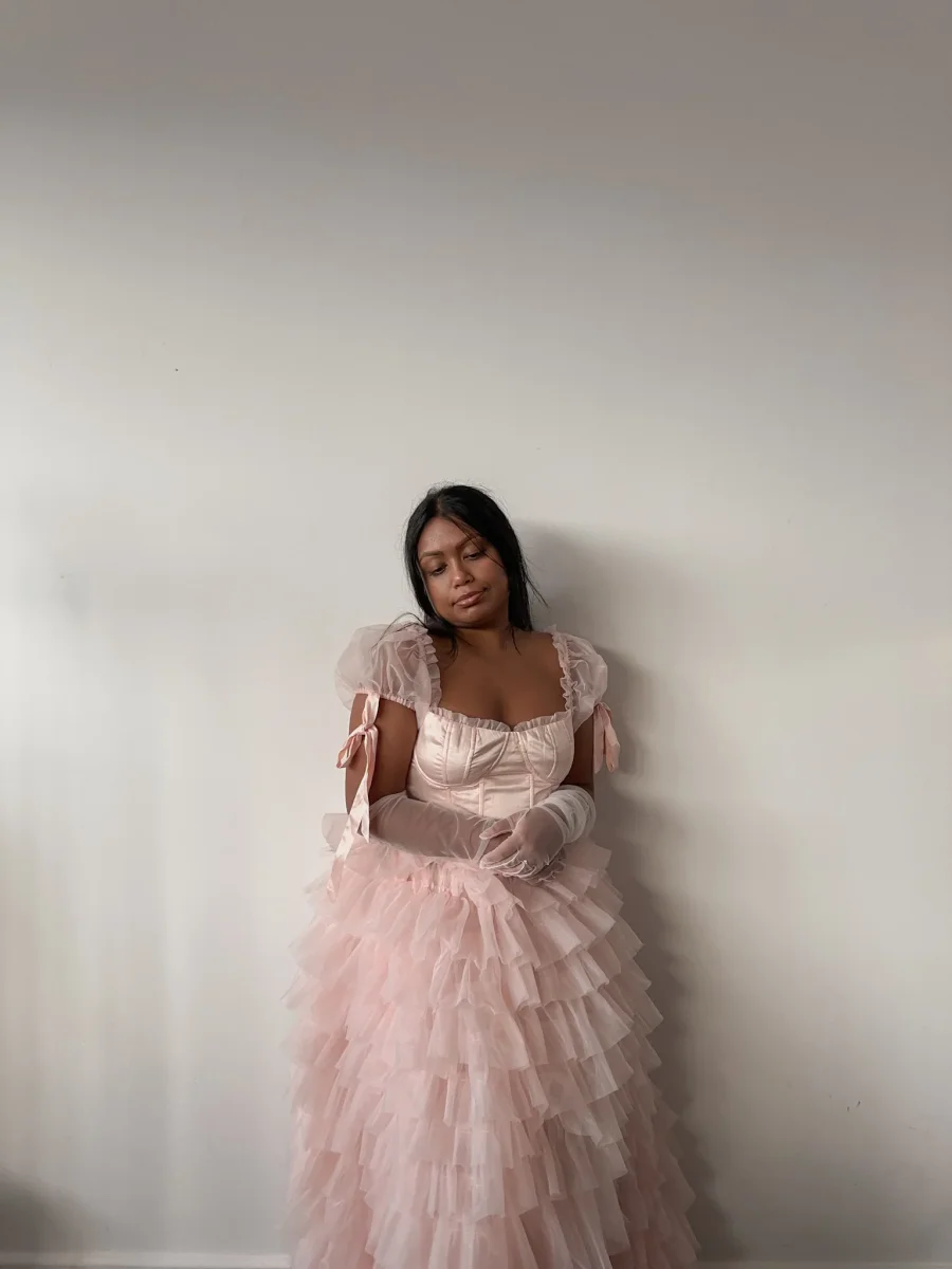 Amy Jane London Pink Kitty Fairytale Satin Corset Bodice Tiered Tulle Hem Maxi Gown Dress - Imagen 6